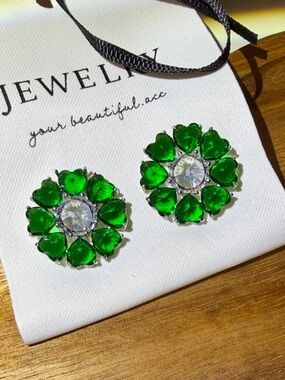 Green Crystal Floral Stud Earrings